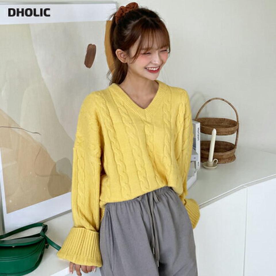 Vネックケーブルボクシーニット・全5色・t00998 レディース 【tops】韓国ファッション トップス ニット 長袖 Vネック ケーブル編み カジュアル ボクシーフィット カラーニット ルーズ 体型カバー ゆったり 楽ちん フェミニン シンプル デイリー 秋 冬 NIJU