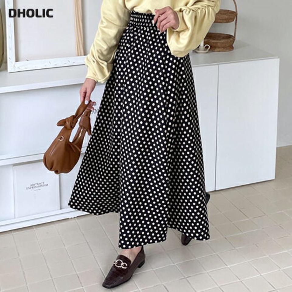 ドットフレアスカート・全3色・t01012 レディース 【sk】韓国 ファッション ボトムス スカート ロング ロングスカート ドット フレア 大人 着痩せ ロング丈 Aライン ゴム 体型カバー 細身 上品 フェミニン デイリー シンプル 春 秋 NIJU