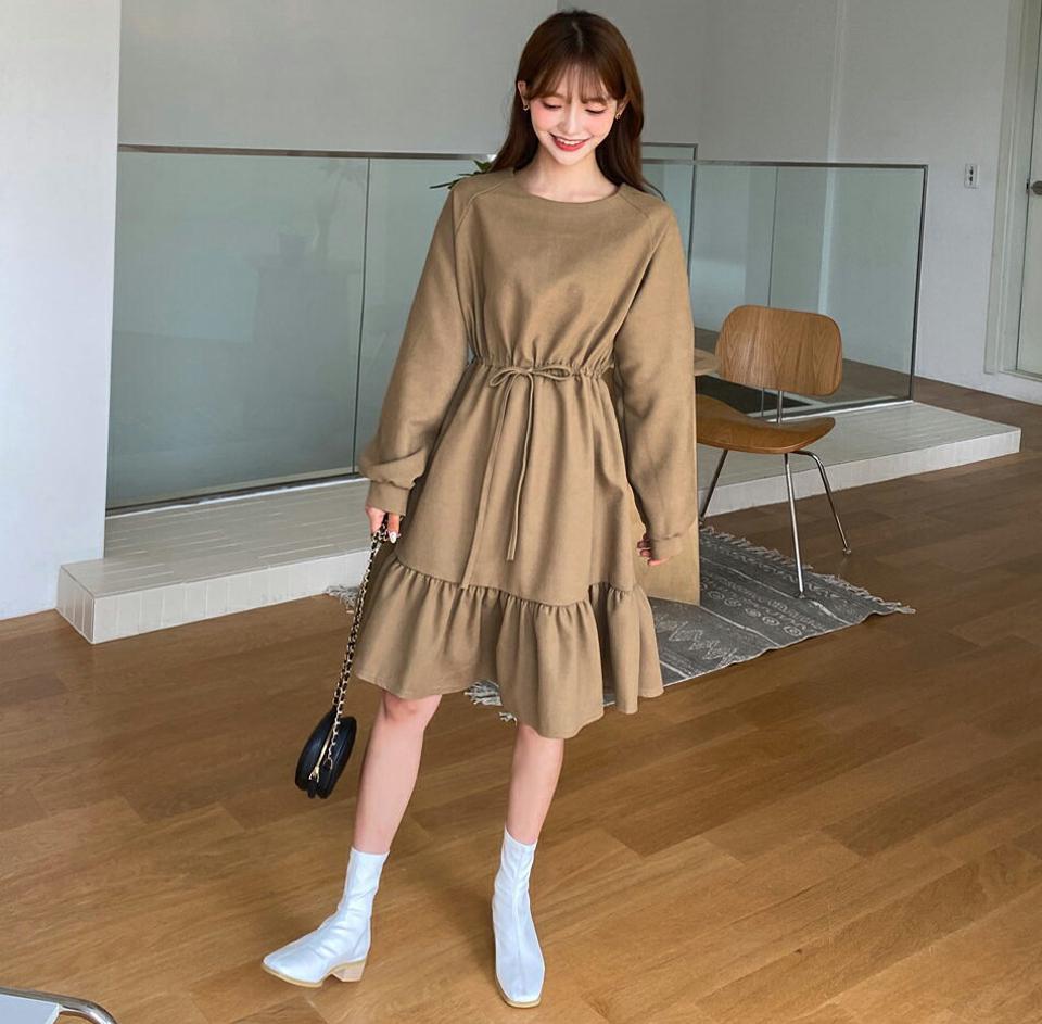 ラグランフリルミニワンピース・全3色・t01026 レディース 【ops】韓国 ファッション ワンピース ミニ ミニワンピース 長袖 ラウンドネック ラグランワンピース ミニ丈 フリル スリム シンプル ルーズ 楽ちん スリム 体型カバー 春 秋 NIJU