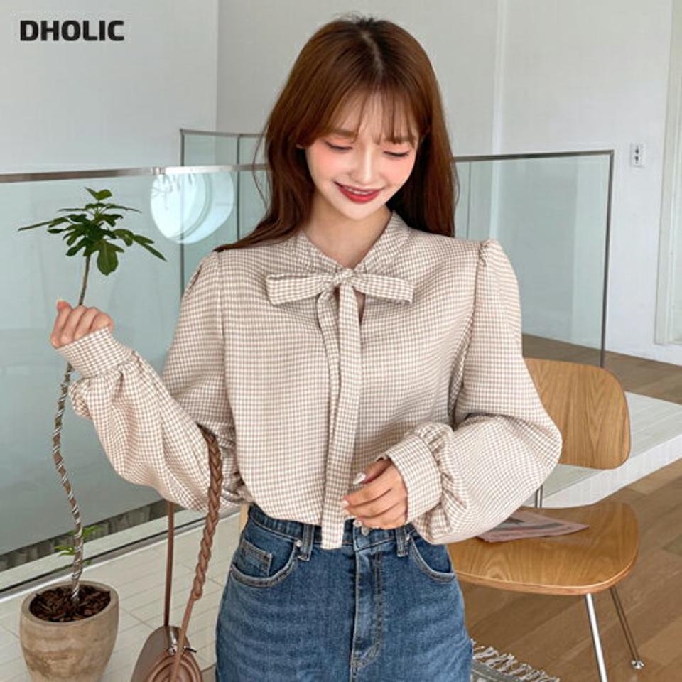 即日配送 ネックリボンハウンドトゥースブラウス・全3色・t01032 レディース 【bl】韓国ファッション トップス ブラウス 長袖 ネックリボン ハウンドトゥース チェック シンプル フェミニン スリム 上品 体型カバー 細身 ガーリー 秋 冬 NIJU