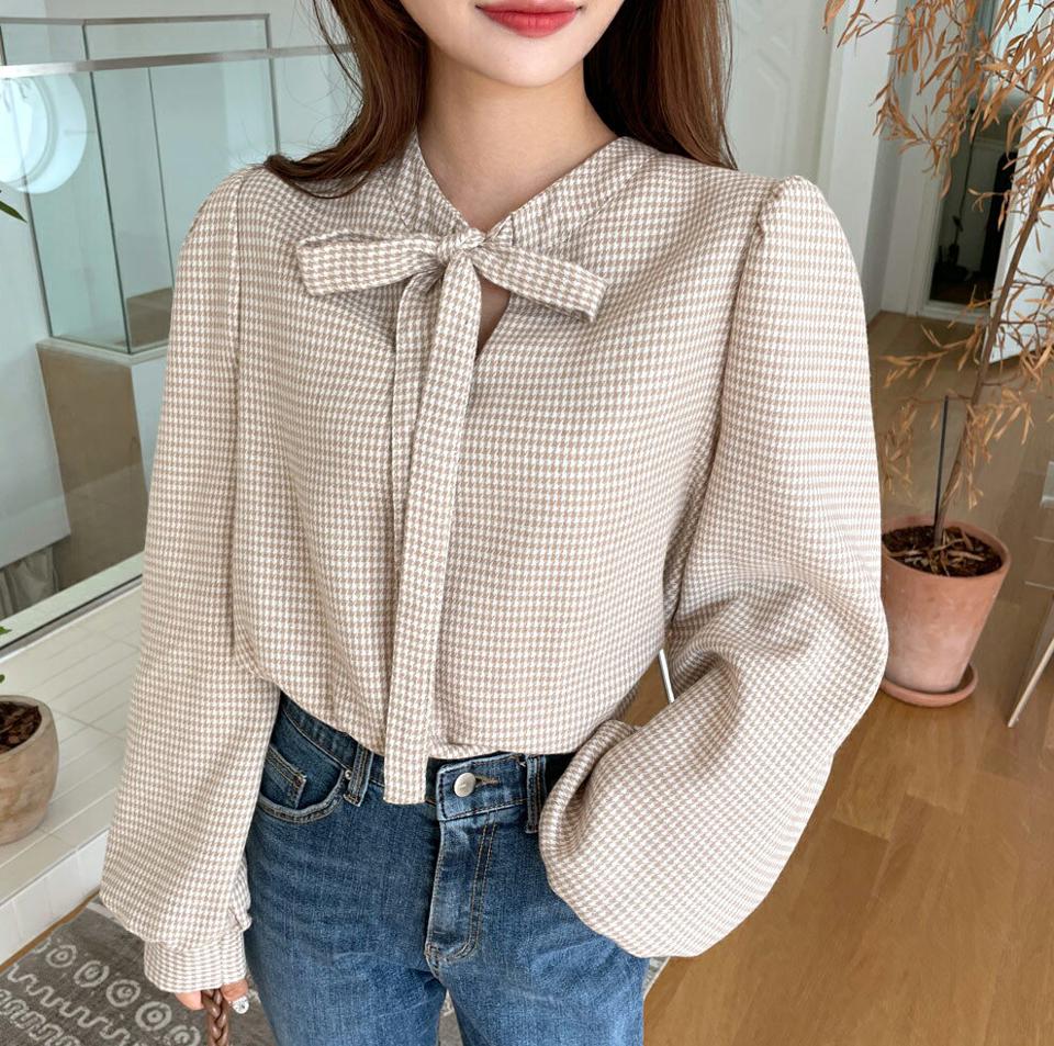 即日配送 ネックリボンハウンドトゥースブラウス・全3色・t01032 レディース 【bl】韓国ファッション トップス ブラウス 長袖 ネックリボン ハウンドトゥース チェック シンプル フェミニン スリム 上品 体型カバー 細身 ガーリー 秋 冬 NIJU