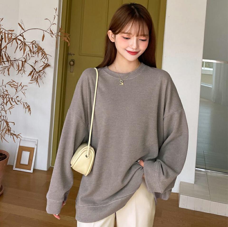 ラウンドネックステッチラインニット・全4色・b00996 レディース 【tops】韓国ファッション トップス ニット 長袖 ラウンドネック ステッチ カジュアル ルーズ ロング丈 フェミニン シンプル デイリー 無地 春 秋 NIJU