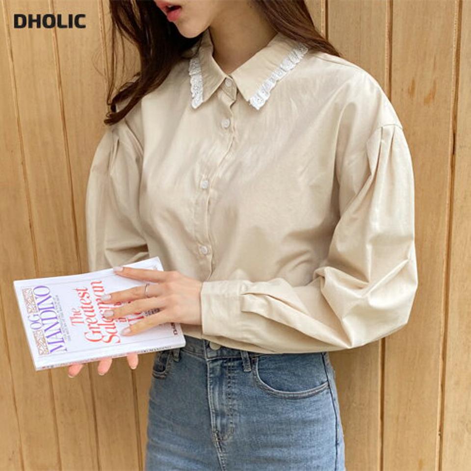 レースカラーブラウス・全2色・t65065 レディース 【bl】韓国ファッション トップス ブラウス 長袖 カラーネック レースカラー 大人 上品 アンバランス 無地 ベーシック シンプル フェミニン カジュアル 体型カバー ガーリー 秋 春