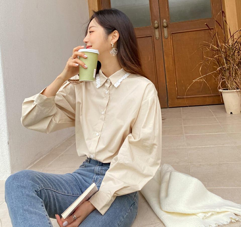 レースカラーブラウス・全2色・t65065 レディース 【bl】韓国ファッション トップス ブラウス 長袖 カラーネック レースカラー 大人 上品 アンバランス 無地 ベーシック シンプル フェミニン カジュアル 体型カバー ガーリー 秋 春