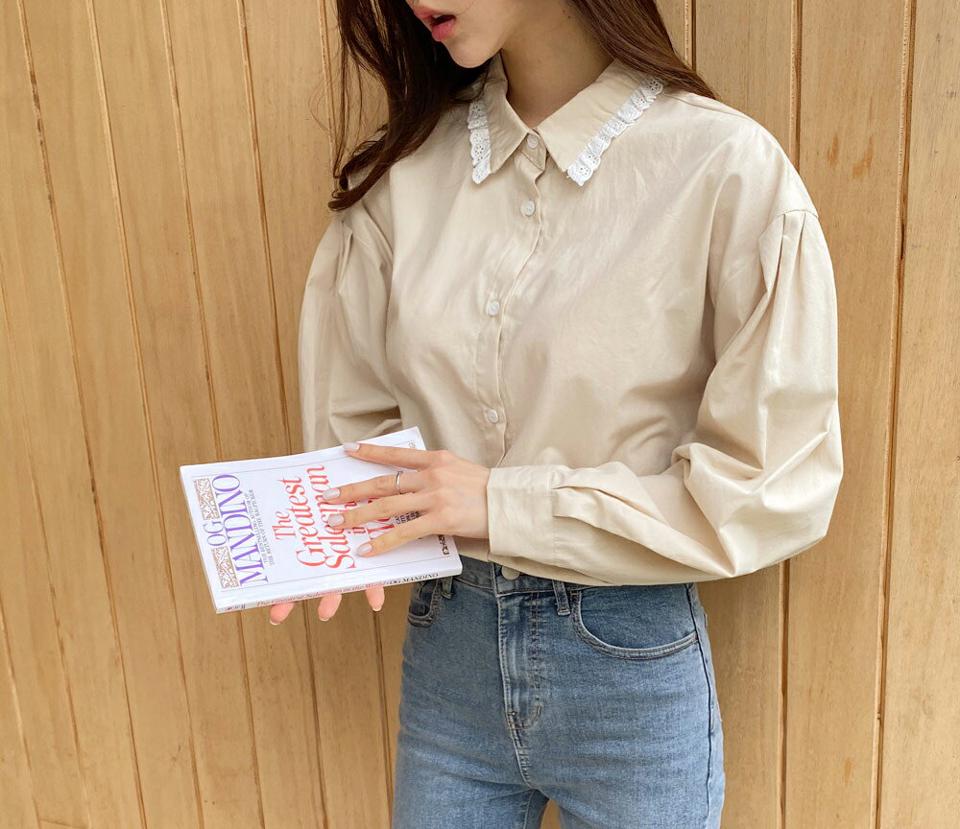 レースカラーブラウス・全2色・t65065 レディース 【bl】韓国ファッション トップス ブラウス 長袖 カラーネック レースカラー 大人 上品 アンバランス 無地 ベーシック シンプル フェミニン カジュアル 体型カバー ガーリー 秋 春