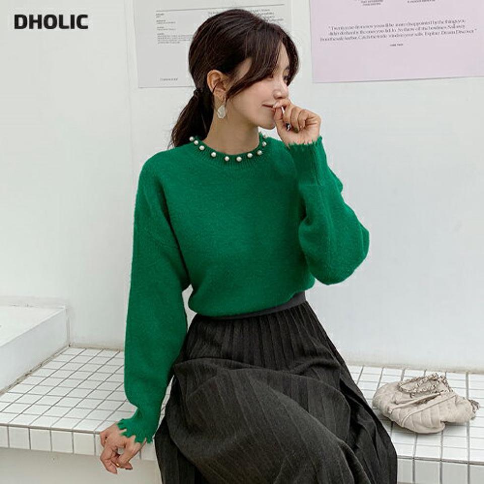 フェイクパールカットオフニット・全4色・b65071 レディース 【tops】韓国 ファッション トップス ニット 大人 長袖 ラウンドネック ドロップショルダー カットオフ 無地 ベーシック シンプル カジュアル 体型カーバー フェミニン 上品 秋 冬
