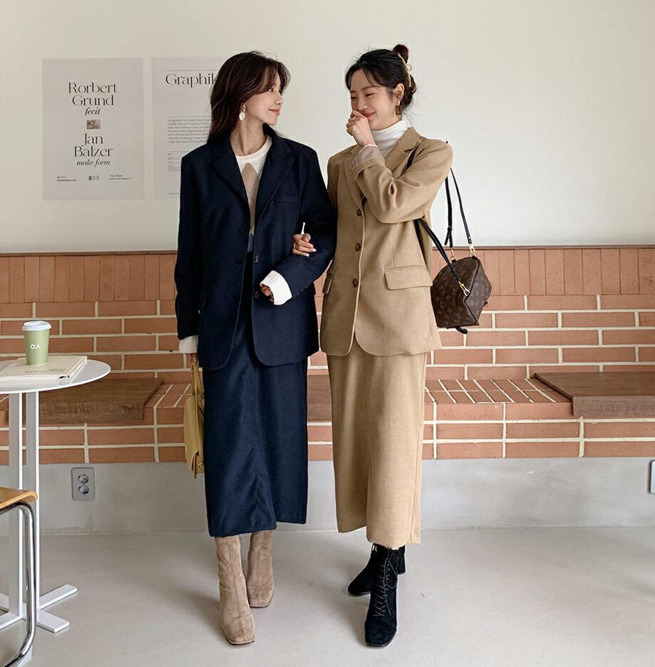 スエード調シングルジャケット&HラインスカートSET・全3色・t65101 レディース 【jk】韓国ファッション アウター ジャケット スカート セット 長袖 カラーネック スエード調 Hライン 上品 フェミニン オフィスカジュアル デイリー 秋 春