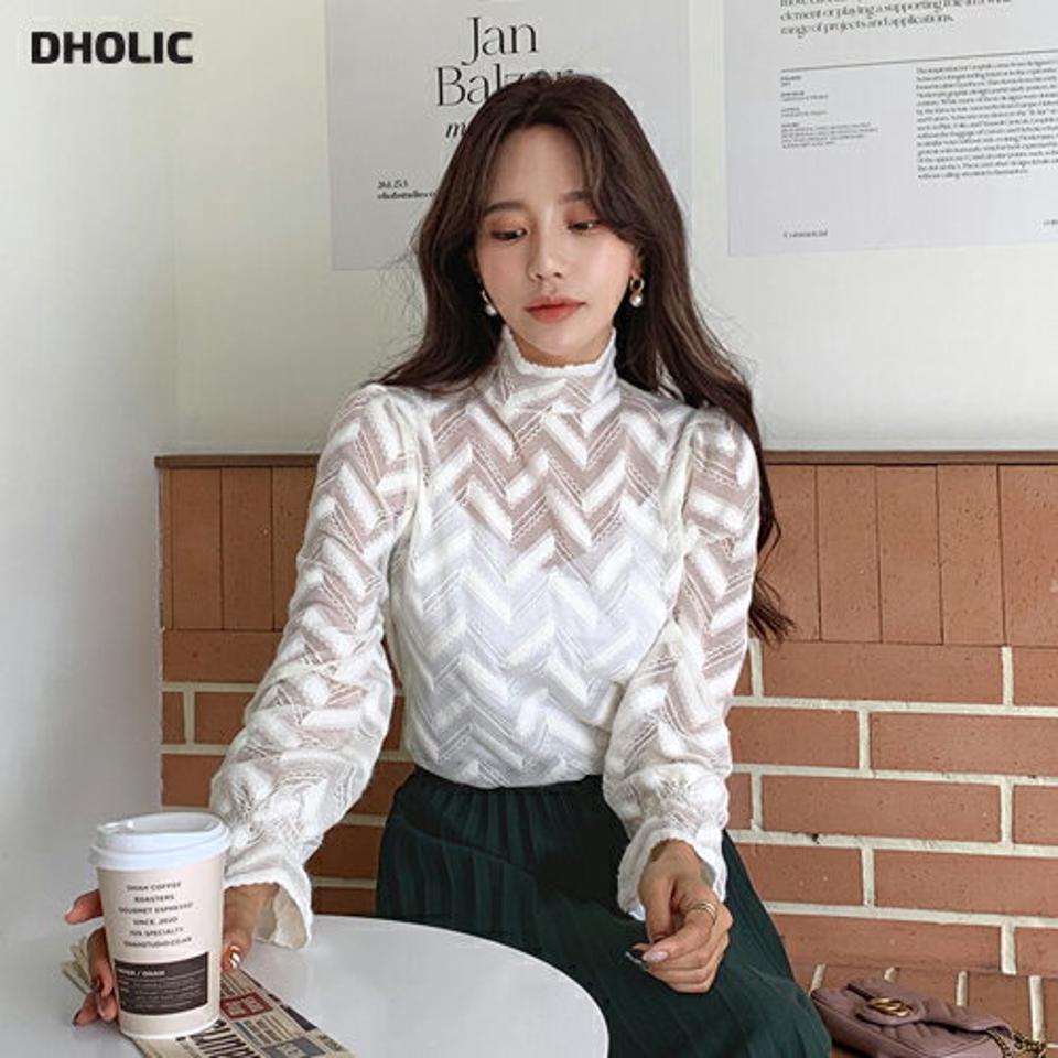 【大感謝祭特価】起毛ジグザグレースブラウス・全3色・b65064 レディース 【bl】韓国ファッション トップス ブラウス 長袖 ハイネック シースルー 大人 上品 起毛 ジグザグレース シンプル フェミニン カジュアル ガーリー 秋 春 クリスマス セール
