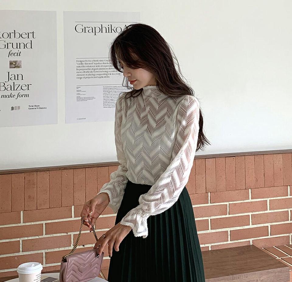 【大感謝祭特価】起毛ジグザグレースブラウス・全3色・b65064 レディース 【bl】韓国ファッション トップス ブラウス 長袖 ハイネック シースルー 大人 上品 起毛 ジグザグレース シンプル フェミニン カジュアル ガーリー 秋 春 クリスマス セール