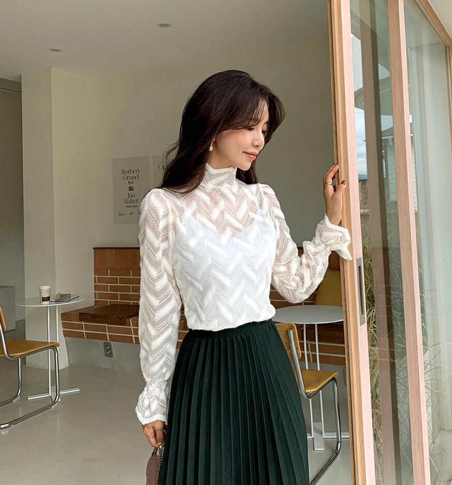 【大感謝祭特価】起毛ジグザグレースブラウス・全3色・b65064 レディース 【bl】韓国ファッション トップス ブラウス 長袖 ハイネック シースルー 大人 上品 起毛 ジグザグレース シンプル フェミニン カジュアル ガーリー 秋 春 クリスマス セール