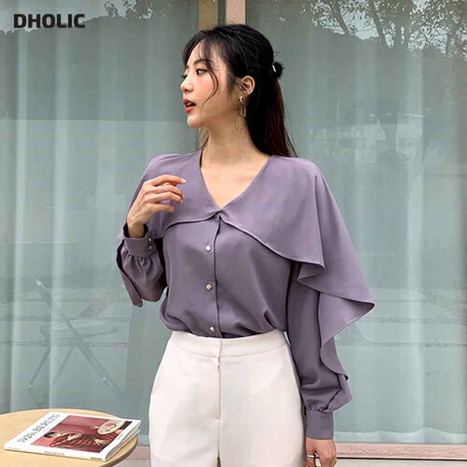 Vネックフリルブラウス・全3色・b65062 レディース 【bl】韓国ファッション トップス ブラウス 長袖 Vネック フリル ケープ風 大人 上品 カフス ボタン 無地 シンプル フェミニン きれいめ オケージョン オフィスカジュアル ガーリー 秋 春