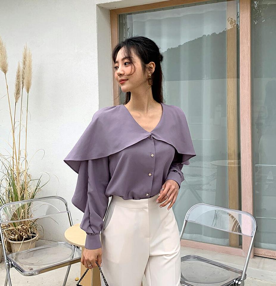 Vネックフリルブラウス・全3色・b65062 レディース 【bl】韓国ファッション トップス ブラウス 長袖 Vネック フリル ケープ風 大人 上品 カフス ボタン 無地 シンプル フェミニン きれいめ オケージョン オフィスカジュアル ガーリー 秋 春