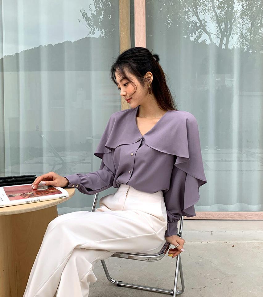 Vネックフリルブラウス・全3色・b65062 レディース 【bl】韓国ファッション トップス ブラウス 長袖 Vネック フリル ケープ風 大人 上品 カフス ボタン 無地 シンプル フェミニン きれいめ オケージョン オフィスカジュアル ガーリー 秋 春