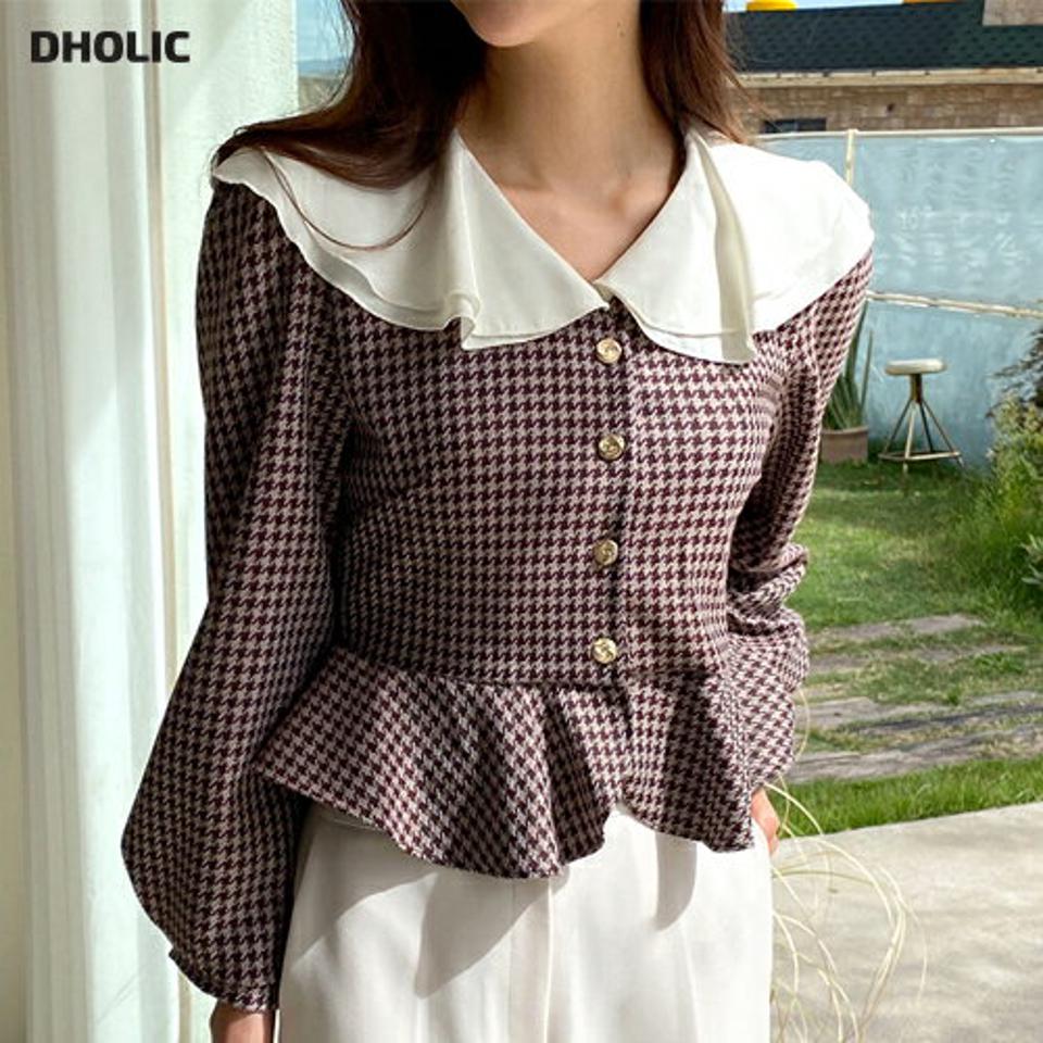 【スーパーセール特価】フリルカラーチェックブラウス・全2色・t65063 レディース 【bl】韓国ファッション トップス ブラウス 長袖 Vネック フリルカラー チェック 大人 上品 ボタン 配色 シンプル フェミニン カジュアル 体型カバー ガーリー 秋 春