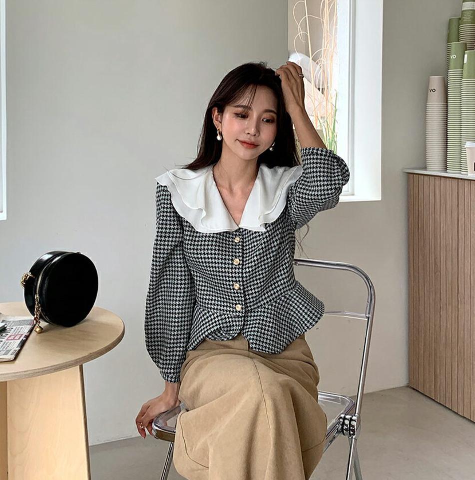 【スーパーセール特価】フリルカラーチェックブラウス・全2色・t65063 レディース 【bl】韓国ファッション トップス ブラウス 長袖 Vネック フリルカラー チェック 大人 上品 ボタン 配色 シンプル フェミニン カジュアル 体型カバー ガーリー 秋 春