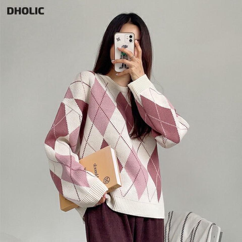 ≪人気商品再入荷≫アーガイルパターンニット・全4色・t65073 レディース 【tops】韓国ファッション トップス ニット 大人 長袖 ラウンドネック アーガイルパターン 柄ニット パステルカラー シンプル ガーリー 体型カバー 細身 フェミニン 上品 秋 冬247