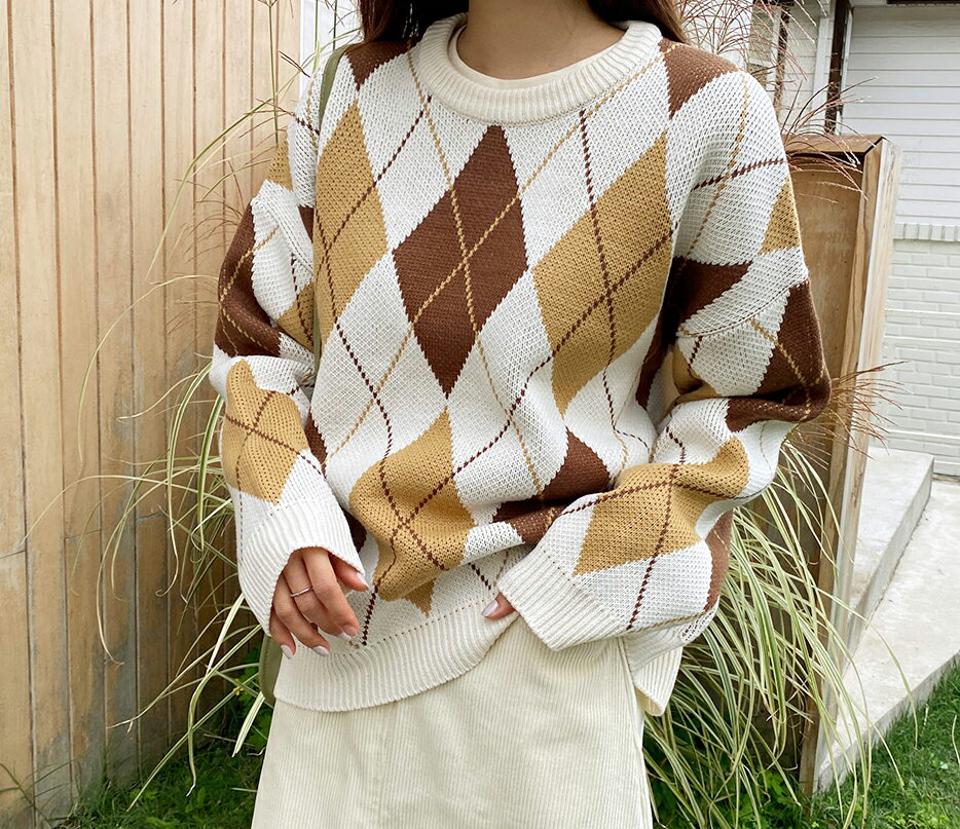 ≪人気商品再入荷≫アーガイルパターンニット・全4色・t65073 レディース 【tops】韓国ファッション トップス ニット 大人 長袖 ラウンドネック アーガイルパターン 柄ニット パステルカラー シンプル ガーリー 体型カバー 細身 フェミニン 上品 秋 冬247