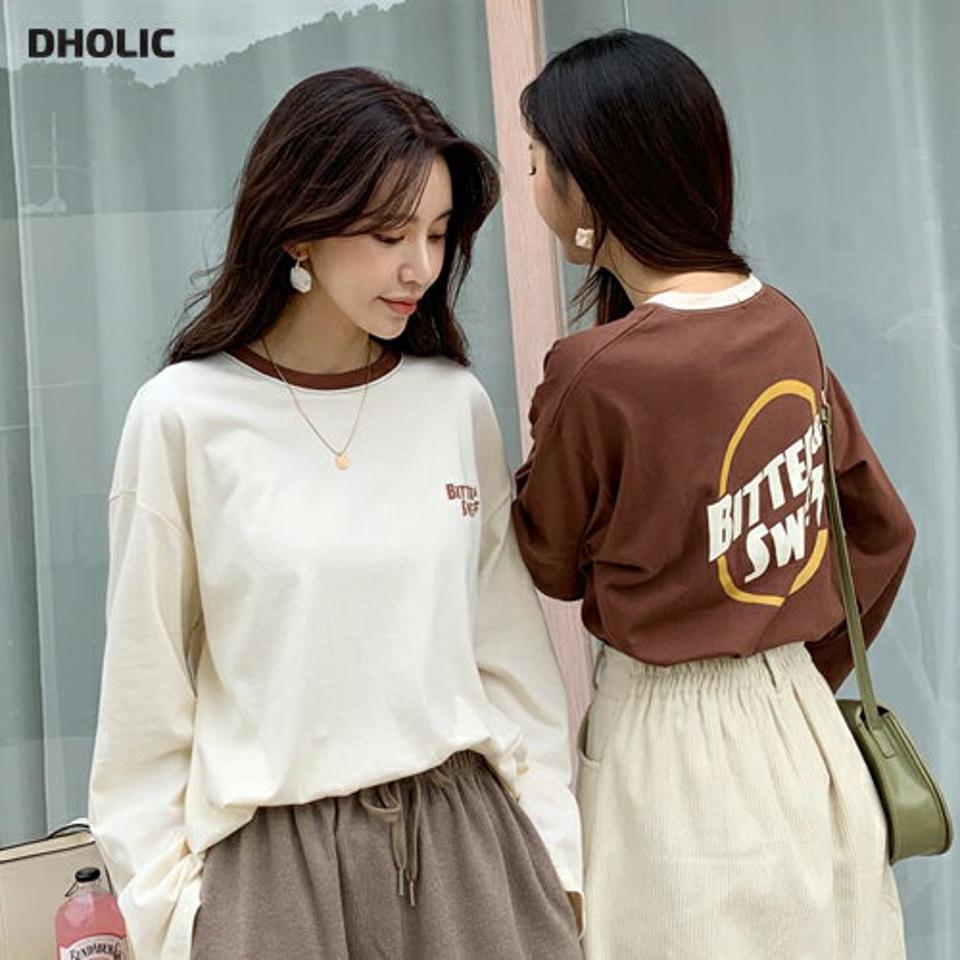 レタリング配色Tシャツ・全3色・t65060 レディース 【tops】韓国ファッション トップス Tシャツ 大人 長袖 ラウンドネック レタリング 配色 ロゴ シンプル カジュアル ロゴT 体型カーバー 細身 フェミニン 上品 秋 春