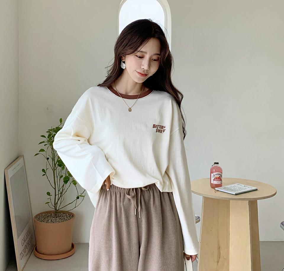 レタリング配色Tシャツ・全3色・t65060 レディース 【tops】韓国ファッション トップス Tシャツ 大人 長袖 ラウンドネック レタリング 配色 ロゴ シンプル カジュアル ロゴT 体型カーバー 細身 フェミニン 上品 秋 春