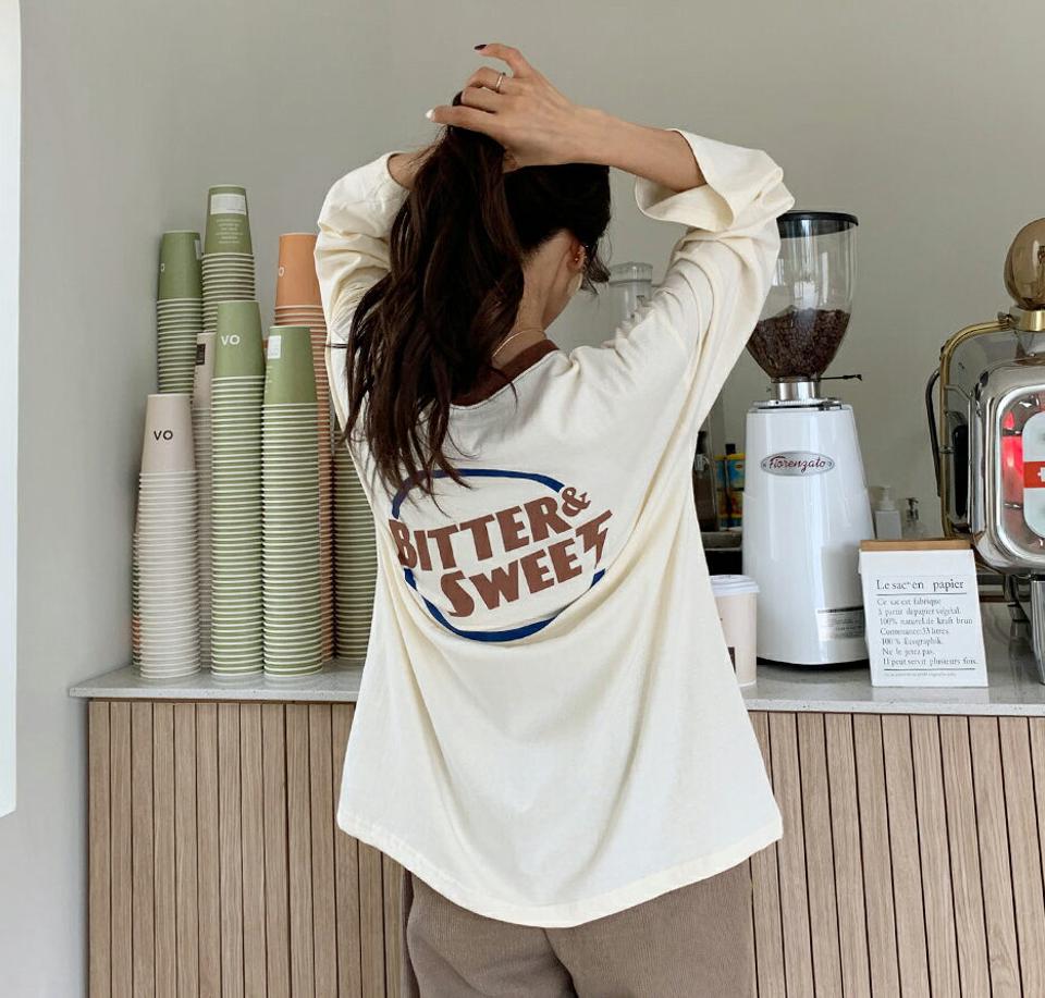 レタリング配色Tシャツ・全3色・t65060 レディース 【tops】韓国ファッション トップス Tシャツ 大人 長袖 ラウンドネック レタリング 配色 ロゴ シンプル カジュアル ロゴT 体型カーバー 細身 フェミニン 上品 秋 春