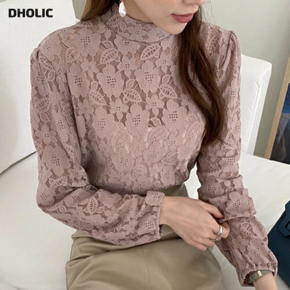 ≪人気商品再入荷≫レースパフブラウス・全4色・t00400 レディース 【bl】 トップス ブラウス 長袖 レース フラワー パターン 透け感 パフ ハーフネック 花柄 カジュアル 大人 ユニーク フェミニン 春 秋 韓国 ファッション ハイホリHIHOLLI