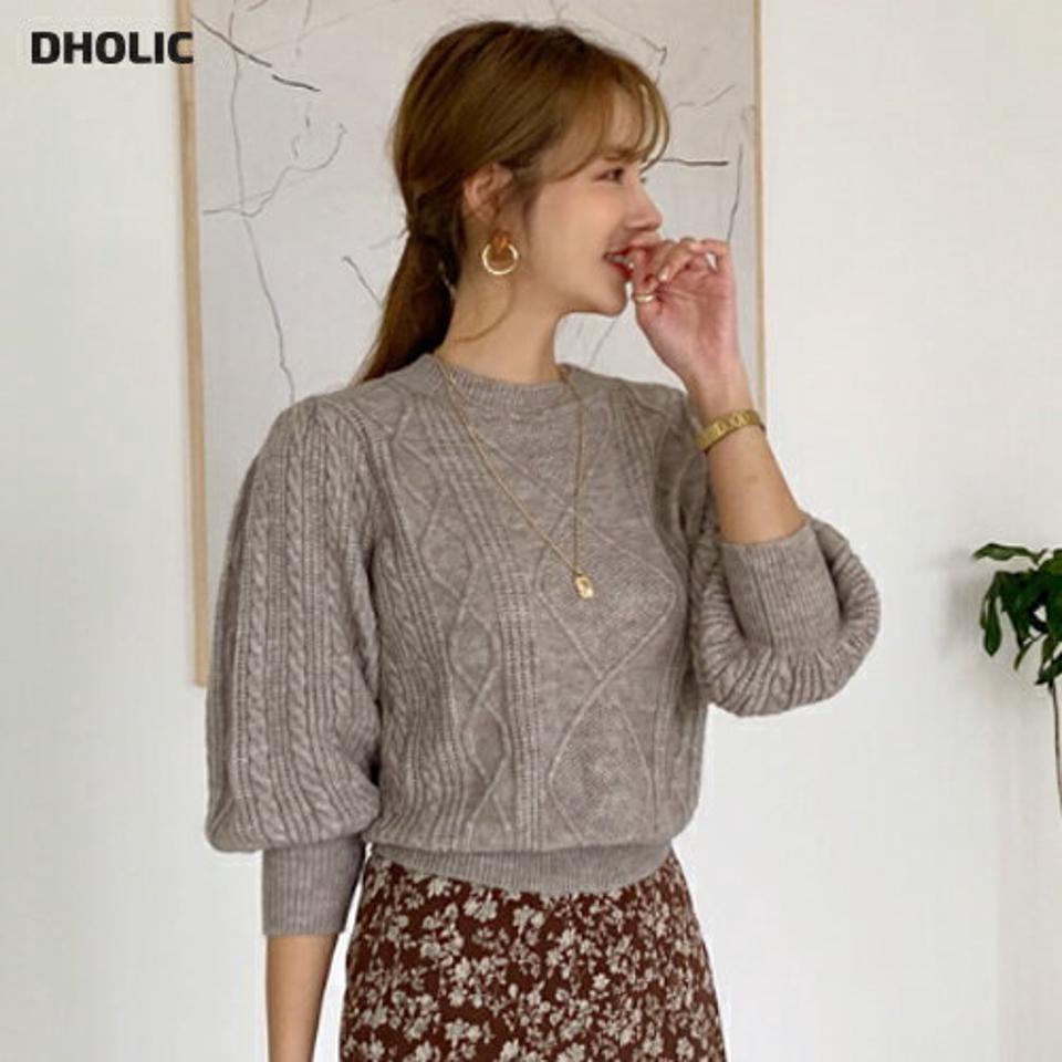 ツイストパフニット・全3色・b00083 レディース 【tops】 トップス 長袖 ウール 8分丈 八分丈 パフスリーブ ツイスト ラウンドネック ルーズ ゆったり ベーシック フェミニン 体型カバー 上品 冬 春 秋 韓国ファッション ハイホリHIHOLLI