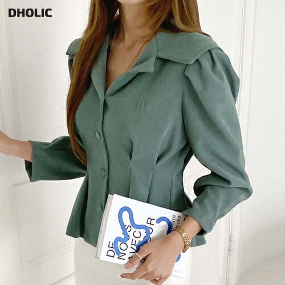 ビッグカラーピンタックブラウス・全2色・t00086 レディース 【bl】 トップス ブラウス 長袖 小顔 ビッグカラー セーラーカラー Vネック タック ボタン ベーシック カジュアル 大人 ユニーク フェミニン 春 秋 韓国 ファッション ハイホリHIHOLLI