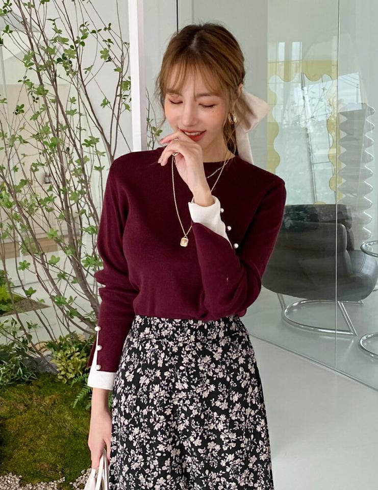 配色パール調スリーブニット・全6色・b00082 レディース 【tops】 トップス ニット 長袖 レイヤード風 配色 ラウンドネック パール リブ やわらかい スリム ベーシック フェミニン 体型カバー 上品 冬 春 秋 韓国ファッション ハイホリHIHOLLI