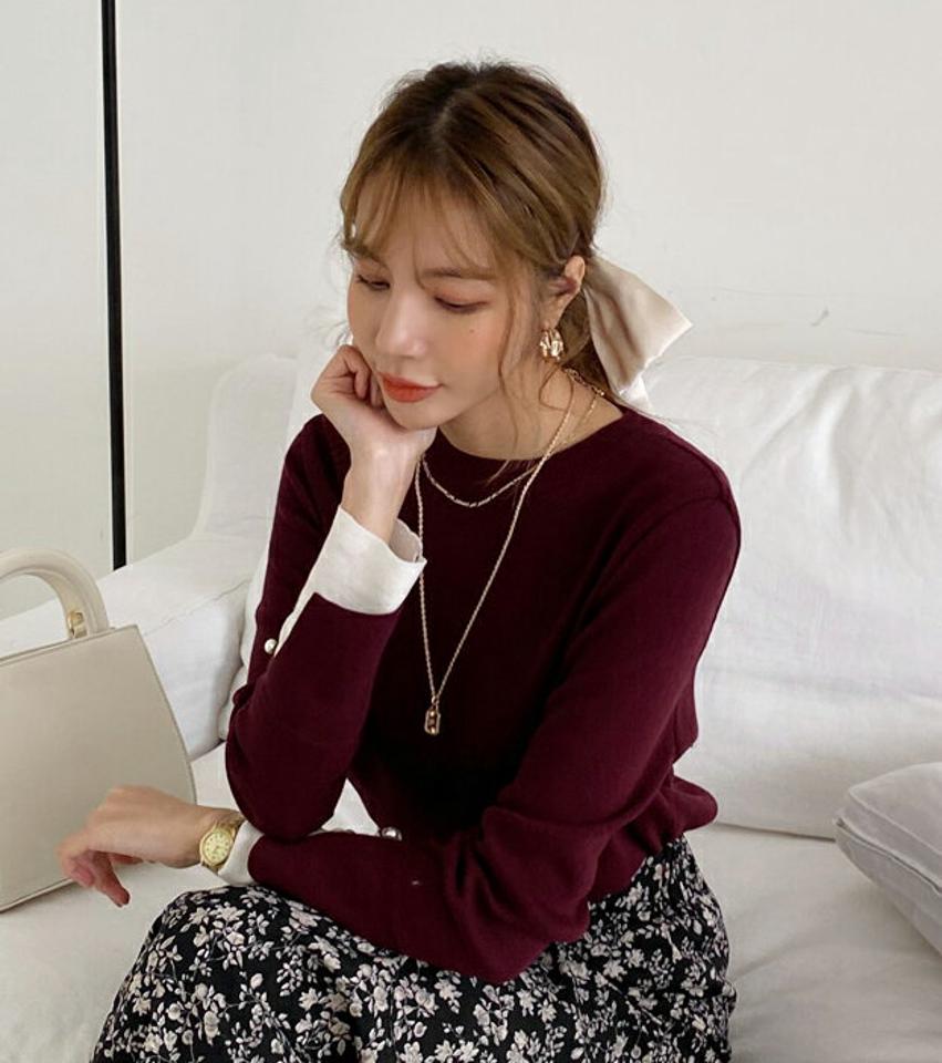 配色パール調スリーブニット・全6色・b00082 レディース 【tops】 トップス ニット 長袖 レイヤード風 配色 ラウンドネック パール リブ やわらかい スリム ベーシック フェミニン 体型カバー 上品 冬 春 秋 韓国ファッション ハイホリHIHOLLI