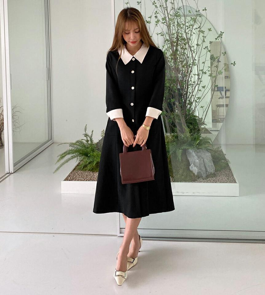 配色カラーフレアワンピース・全2色・b00091 レディース 【ops】 ワンピース ロング ロングワンピース 長袖 配色 フレア バイカラー ボタン Aライン 配色カラー 体型カバー フェミニン 春 秋 韓国ファッション ハイホリHIHOLLI