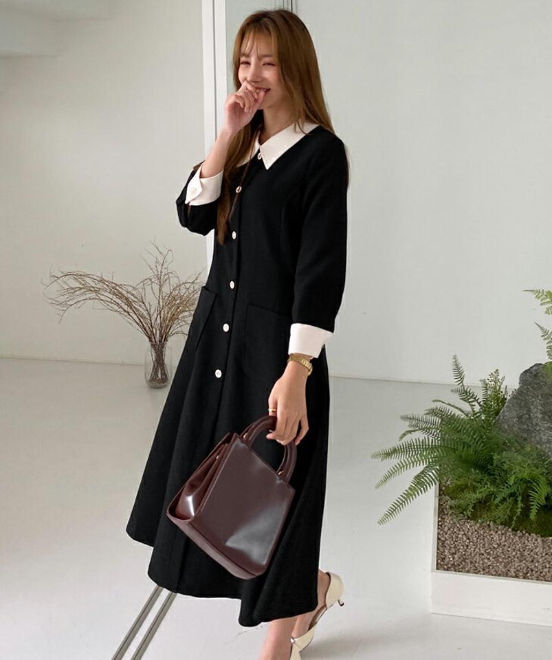 配色カラーフレアワンピース・全2色・b00091 レディース 【ops】 ワンピース ロング ロングワンピース 長袖 配色 フレア バイカラー ボタン Aライン 配色カラー 体型カバー フェミニン 春 秋 韓国ファッション ハイホリHIHOLLI