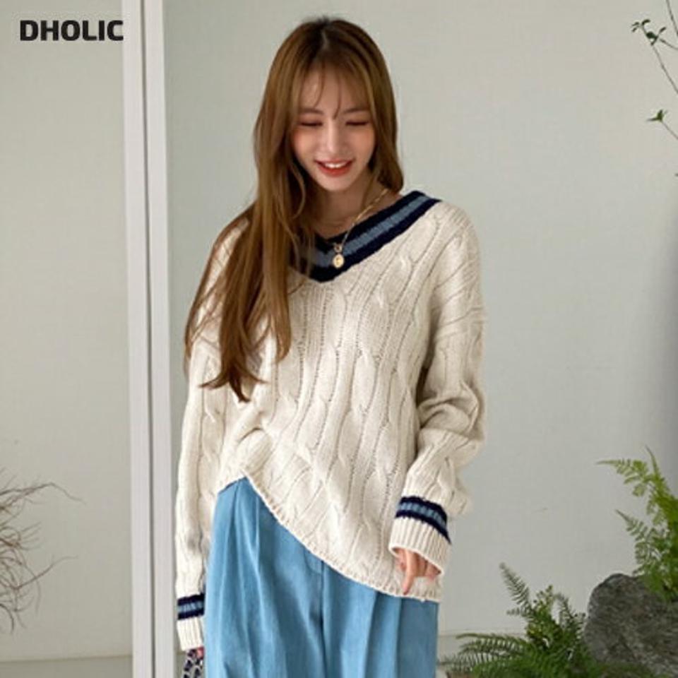Vネックツイスト配色ニット・全4色・t00085 レディース 【tops】 トップス ニット 長袖 ツイスト 配色 Vネック オーバーサイズ ルーズ あたたかい フェミニン 体型カバー 上品 冬 春 秋 韓国ファッション ハイホリHIHOLLI