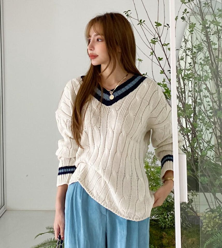 Vネックツイスト配色ニット・全4色・t00085 レディース 【tops】 トップス ニット 長袖 ツイスト 配色 Vネック オーバーサイズ ルーズ あたたかい フェミニン 体型カバー 上品 冬 春 秋 韓国ファッション ハイホリHIHOLLI