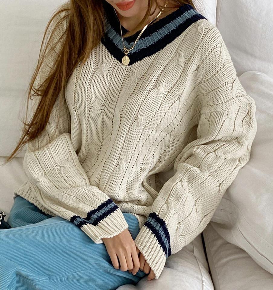 Vネックツイスト配色ニット・全4色・t00085 レディース 【tops】 トップス ニット 長袖 ツイスト 配色 Vネック オーバーサイズ ルーズ あたたかい フェミニン 体型カバー 上品 冬 春 秋 韓国ファッション ハイホリHIHOLLI
