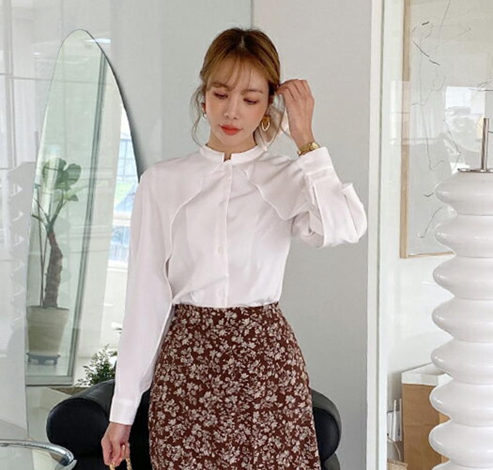 ラッフルディテールブラウス・全3色・b00088 レディース 【bl】 トップス ブラウス 長袖 ラッフル ラグランスリーブ カラーネック ベーシック カジュアル 大人 ユニーク フェミニン 上品 春 秋 韓国ファッション ハイホリHIHOLLI