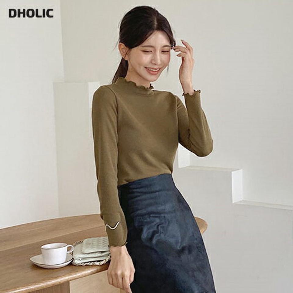 ハーフネックウェーブTシャツ・全5色・t65543 レディース 【tops】韓国ファッション トップス Tシャツ 大人 長袖 ハーフネック ウェーブ スリット スリム 無地 シンプル カジュアル 体型カーバー 細身 フェミニン 上品 秋 冬