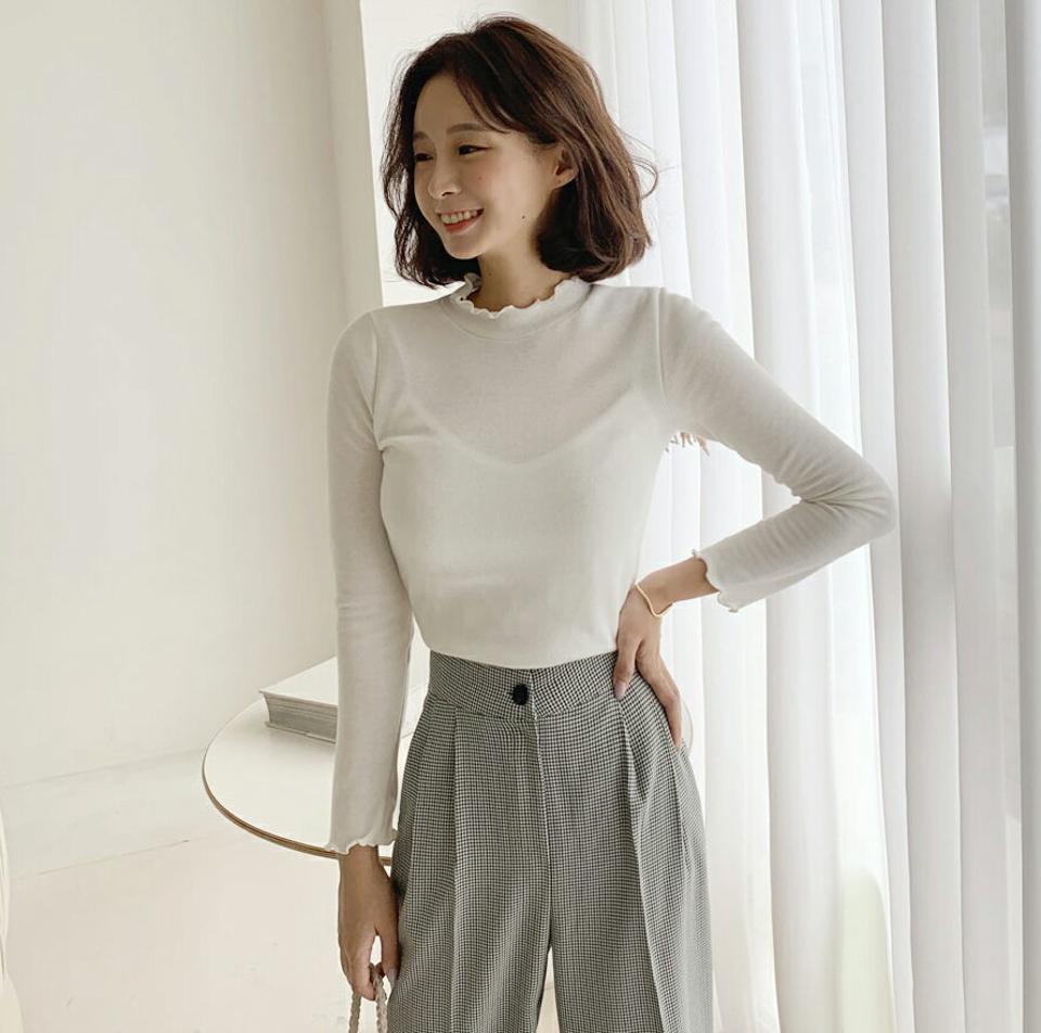 ハーフネックウェーブTシャツ・全5色・t65543 レディース 【tops】韓国ファッション トップス Tシャツ 大人 長袖 ハーフネック ウェーブ スリット スリム 無地 シンプル カジュアル 体型カーバー 細身 フェミニン 上品 秋 冬