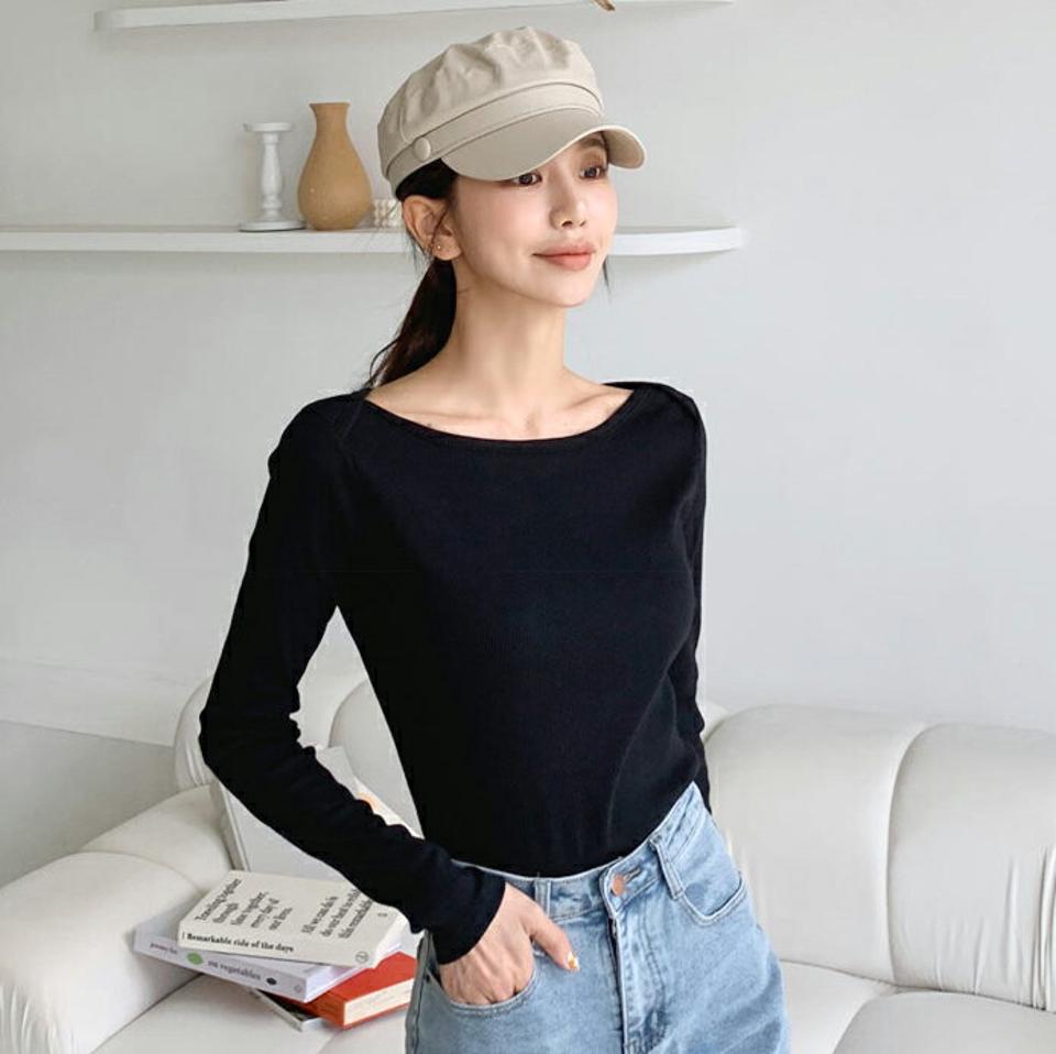 ショルダーポイントリブTシャツ・全5色・t65544 レディース 【tops】韓国ファッション トップス Tシャツ 大人 長袖 ボートネック スリット スリム リブ 無地 ベーシック シンプル カジュアル 細身 フェミニン 上品 秋 春