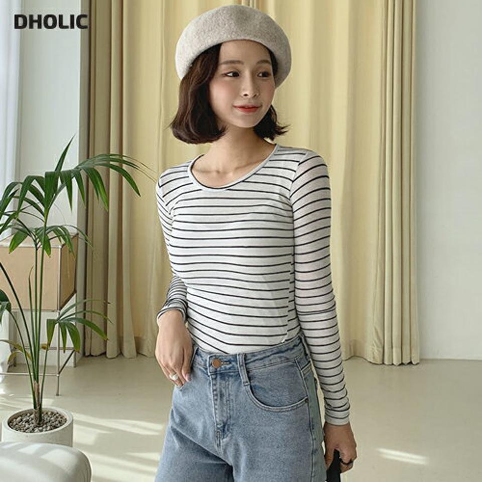 即日配送 スリムボーダー長袖Tシャツ・全4色・t65547 レディース 【tops】韓国ファッション トップス Tシャツ 大人 長袖 Uネック ボーダー スリット スリム シンプル カジュアル 体型カバー 細身 フェミニン 上品 秋 春