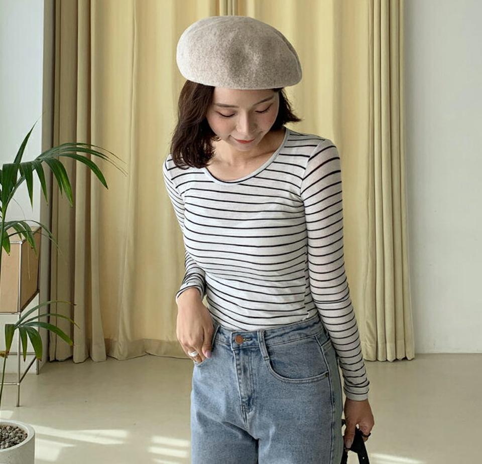 即日配送 スリムボーダー長袖Tシャツ・全4色・t65547 レディース 【tops】韓国ファッション トップス Tシャツ 大人 長袖 Uネック ボーダー スリット スリム シンプル カジュアル 体型カバー 細身 フェミニン 上品 秋 春