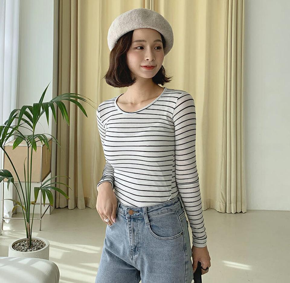 即日配送 スリムボーダー長袖Tシャツ・全4色・t65547 レディース 【tops】韓国ファッション トップス Tシャツ 大人 長袖 Uネック ボーダー スリット スリム シンプル カジュアル 体型カバー 細身 フェミニン 上品 秋 春