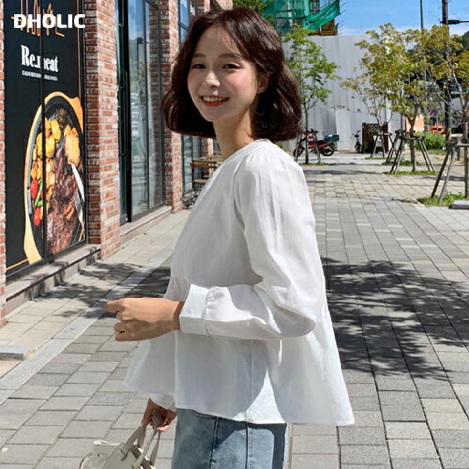 即日配送 ギャザーフレアブラウス・全4色・t65548 レディース 【bl】韓国ファッション トップス ブラウス 長袖 ラウンドネック 大人 フレア 上品 ギャザー 無地 ベーシック シンプル フェミニン カジュアル 体型カバー ガーリー 秋 春