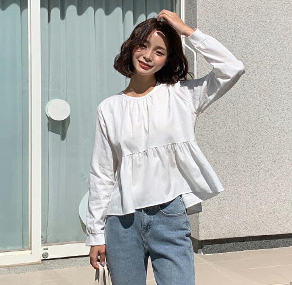 即日配送 ギャザーフレアブラウス・全4色・t65548 レディース 【bl】韓国ファッション トップス ブラウス 長袖 ラウンドネック 大人 フレア 上品 ギャザー 無地 ベーシック シンプル フェミニン カジュアル 体型カバー ガーリー 秋 春