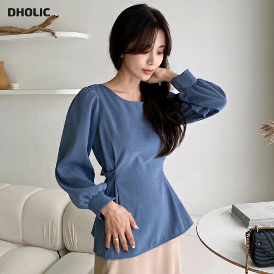 バックリボンブラウス・全4色・t65549 レディース 【bl】韓国ファッション トップス ブラウス 長袖 ラウンドネック 大人 リボン 上品 ギャザー 無地 ベーシック シンプル フェミニン カジュアル 体型カバー ガーリー 秋 春