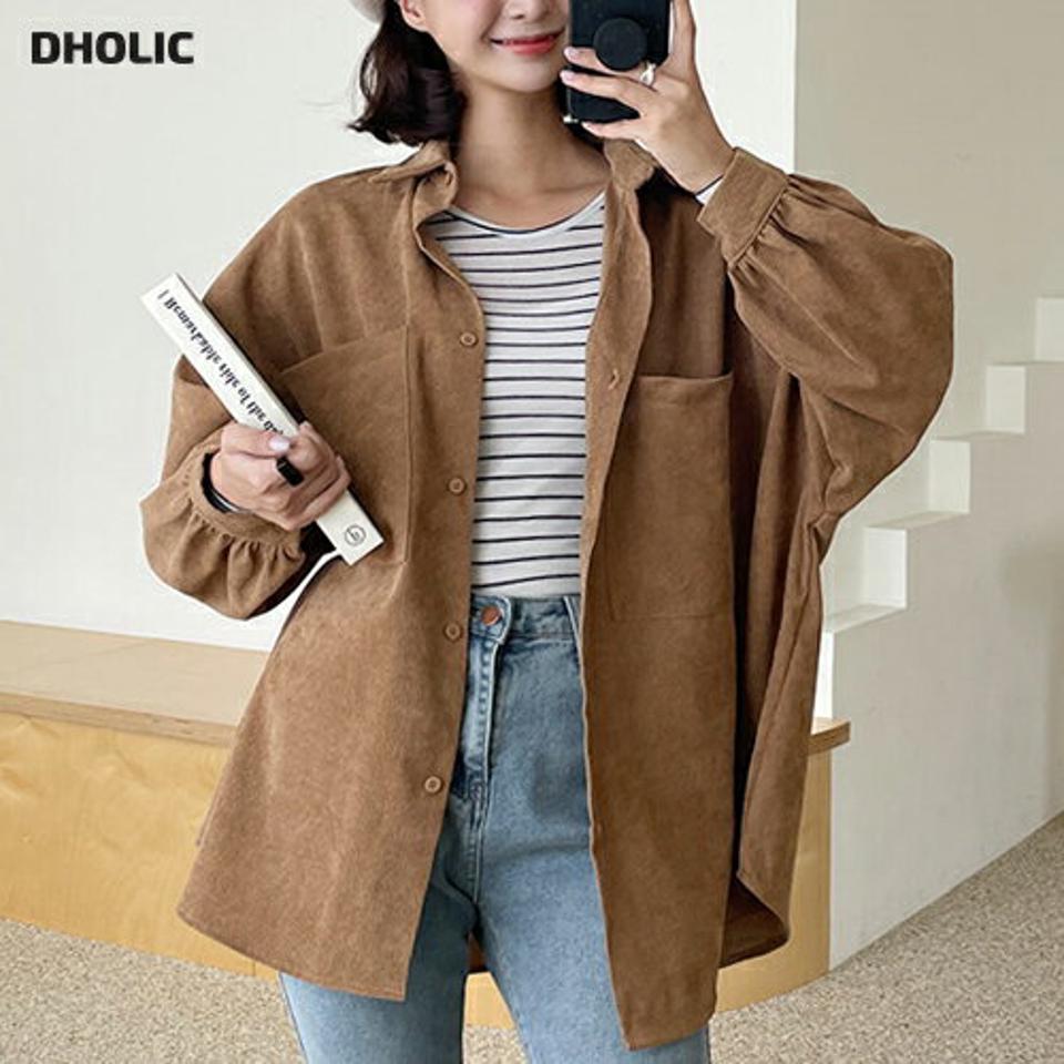 コーデュロイポケットシャツ・全3色・t65551 レディース 【bl】韓国ファッション トップス シャツ 長袖 ポケットシャツ コーデュロイ ボタン ルーズ 無地 ベーシック シンプル 上品 カジュアル オーバーサイズ 体型カバー ガーリー 秋 春