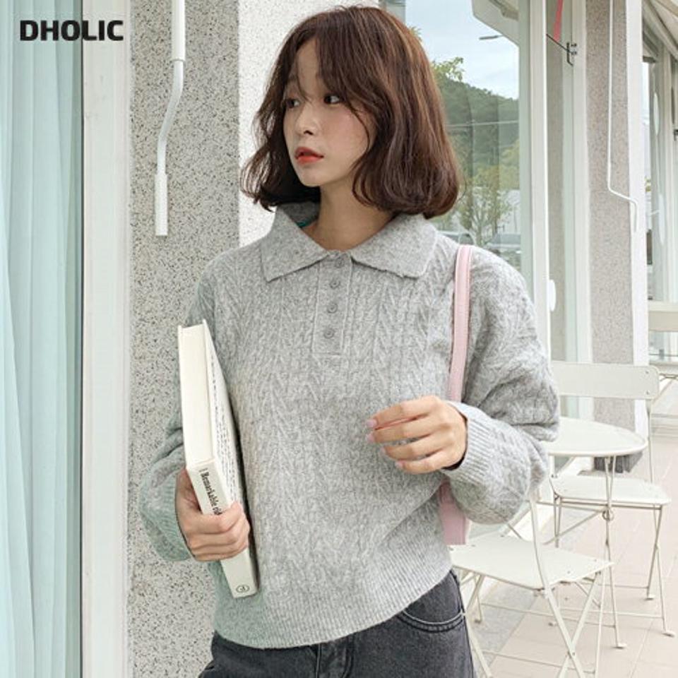 ケーブル編みカラーニット・全4色・b65577 レディース 【tops】韓国ファッション トップス ニット 年上 大人 長袖 カラーネック ケーブル編み ポロ襟 ボダン シンプル カジュアル ルーズ ガーリー 細身 フェミニン 上品 秋 冬