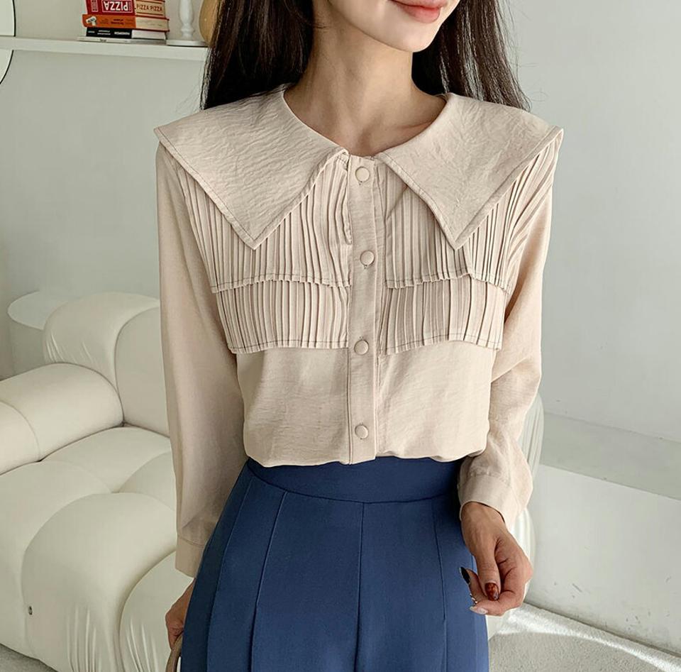 【マラソン特価】リンクルセーラーカラーブラウス・全3色・b65552 レディース 【bl】韓国ファッション トップス ブラウス 長袖 セーラーカラー 大人 プリーツ 上品 ボタン 無地 ベーシック シンプル フェミニン カジュアル ガーリー 秋 春 セール