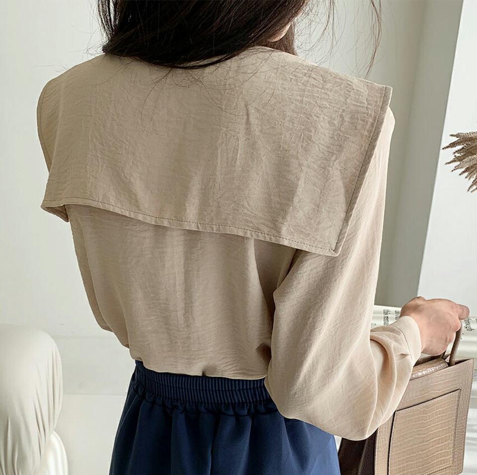 【マラソン特価】リンクルセーラーカラーブラウス・全3色・b65552 レディース 【bl】韓国ファッション トップス ブラウス 長袖 セーラーカラー 大人 プリーツ 上品 ボタン 無地 ベーシック シンプル フェミニン カジュアル ガーリー 秋 春 セール