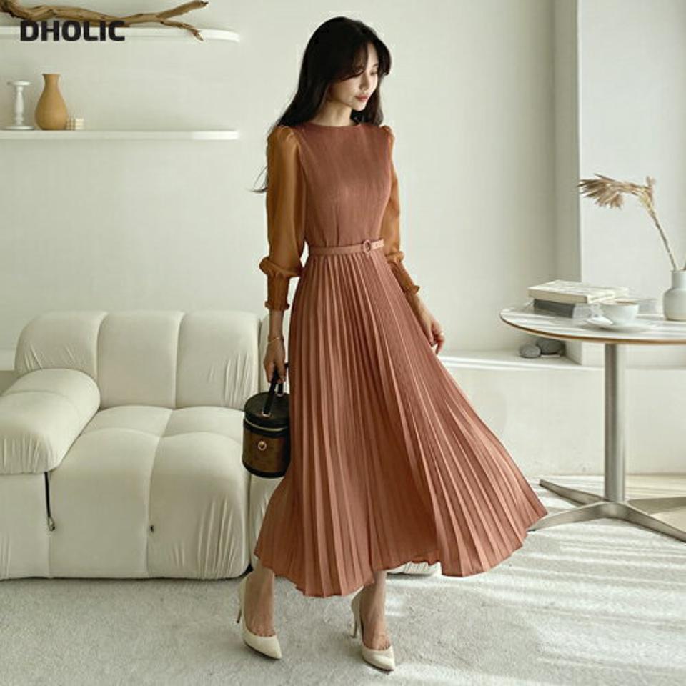 ≪人気商品再入荷≫ベルト付プリーツワンピース・b65562 レディース 【ops】韓国ファッション ワンピース ロングワンピース 長袖 ベルト付 プリーツ ギャザー 大人 ロング丈 無地 ベーシック シンプル スリム フェミニン オケージョン 体型カバー 高見え 秋 春