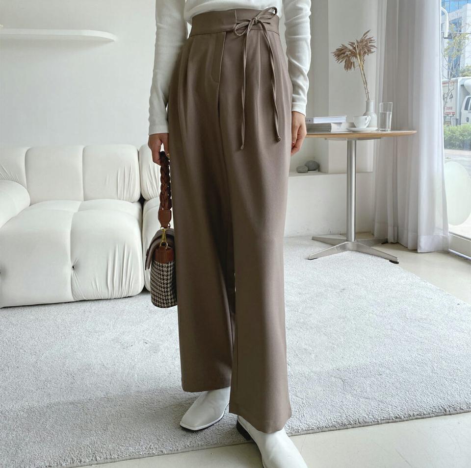 リボンワイドスラックス・全3色・b65578 レディース 【pt】韓国ファッション ボトムス ロング ロングパンツ スラックスパンツ スラックス リボンワイド無地 シンプル オフィスカジュアル デイリー 美脚 フェミニン 秋 春